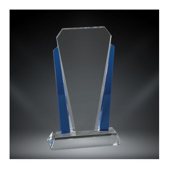 Custom crystal recognition award with blue siding and personalized engraving