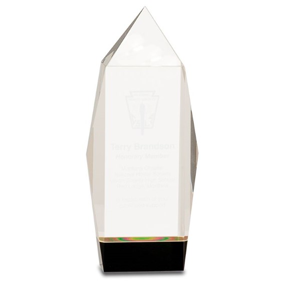 tall custom crystal award on black base with custom engraving and