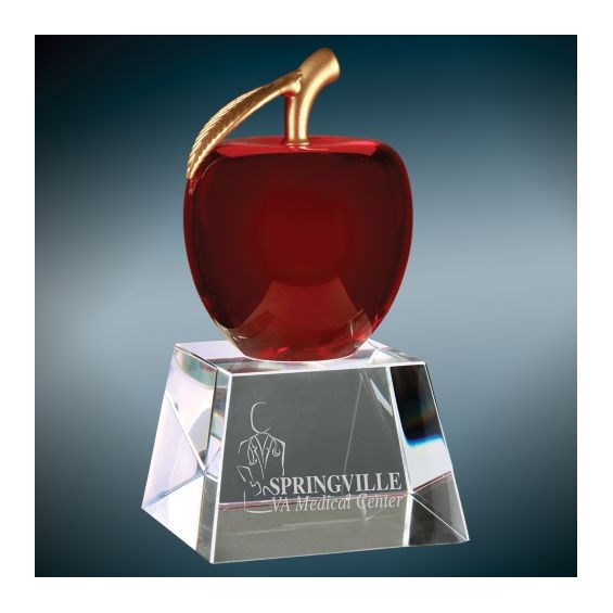 Red Apple Crystal award on clear crystal base with custom engraving