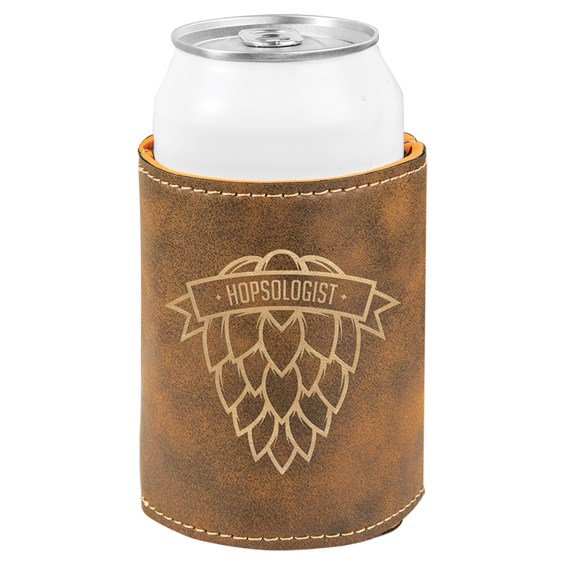 a laserable letherette beverage holder that comes in different colors and has room for customizing.