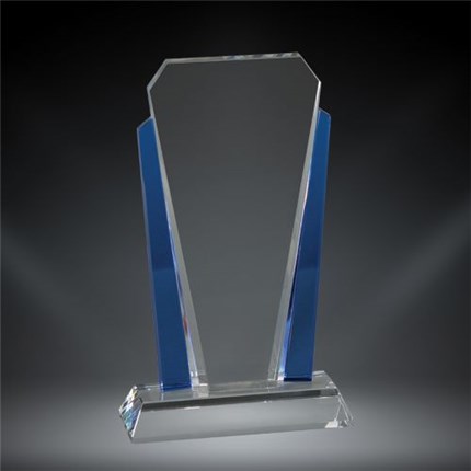Custom crystal recognition award with blue siding and personalized engraving