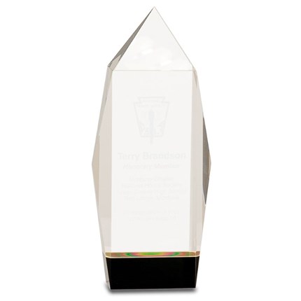 tall custom crystal award on black base with custom engraving and
