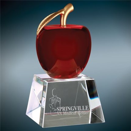 Red Apple Crystal award on clear crystal base with custom engraving