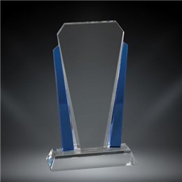 Custom crystal recognition award with blue siding and personalized engraving