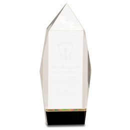 tall custom crystal award on black base with custom engraving and