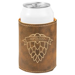 a laserable letherette beverage holder that comes in different colors and has room for customizing.