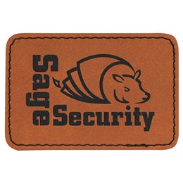 An rectangle orange leatherate path that has a cartoon like bull in the middle with lttering surround it. The lettering states "Sage Security".